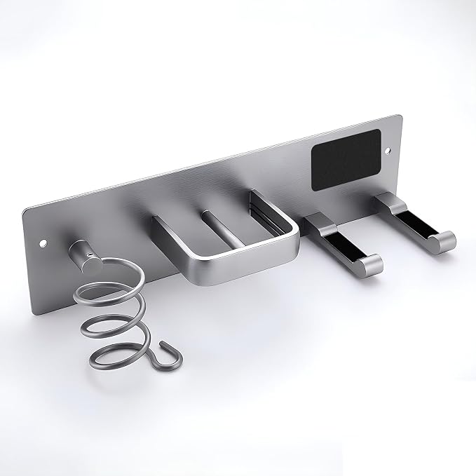 Hair Dryer Holder Hair Tool Organizer Metal Wall Mount (Silver) | Heat Resistant Hair Tool Organizer, Metal Wall Mount Storage, Bathroom Counter Space Saver, Blow Dryer Holder