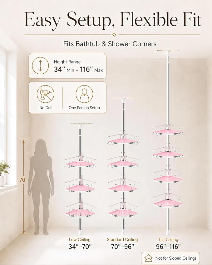ALLZONE Corner Shower Caddy Tension Pole, 4 Hang-On Basket with Mixed-Height Shelves for Various Bottle Sizes, Extra Hooks & Soap Holder, Rustproof Stainless Steel, Fits 34–116 Inch, Silver/Pink