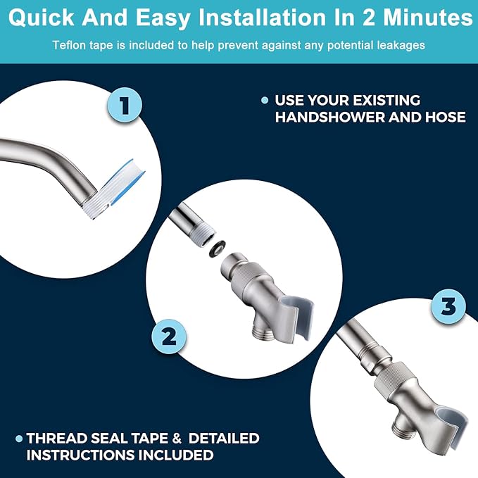 Brushed Nickel Metal Shower Head Holder - Adjustable Mount for Connecting Shower Arm and Hose, Wand Bracket with Swivel Ball Connector