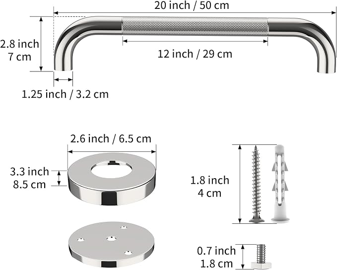 20 Inch Anti Slip Shower Grab Bar, YuanDe Polished Chrome Stainless Steel Bath Grab Bar, Knurled Bathroom Safety Rail, Shower Handrail Support, Handicap Elderly Balance Assist Handles-1.25" Diameter