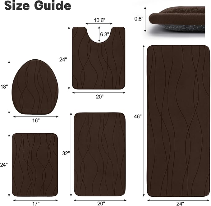 Bathroom Rugs Set 5 Piece, Memory Foam Bath Mat Brown | Ultra Soft, Absorbent, Non-Slip, Machine Washable, for Bathroom, Sink and Toilet