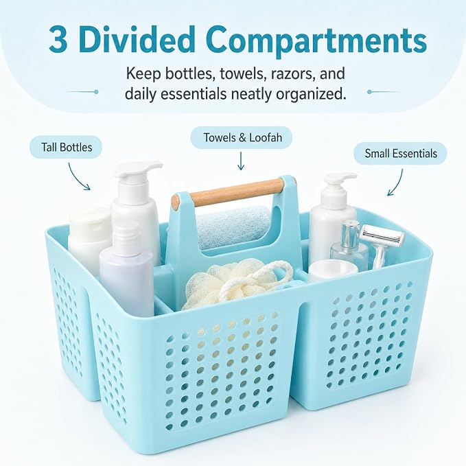 Portable Shower Caddy Basket with Wood Handle, 3-Compartment Bathroom Organizer Tote with Drain Holes, Plastic Shower Basket for Dorm, Toiletries, Cleaning Supplies, Light Blue