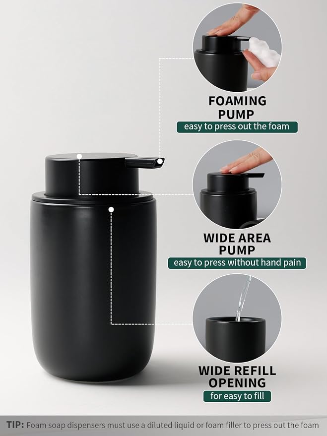 Bosilunlife Soap Dispenser and Toothbrush Holder Set - 11Oz Foam Soap Dispenser Pump Ceramic Bathroom Counter Soap Toothbrush Holder Set Black Bathroom Accessories Set