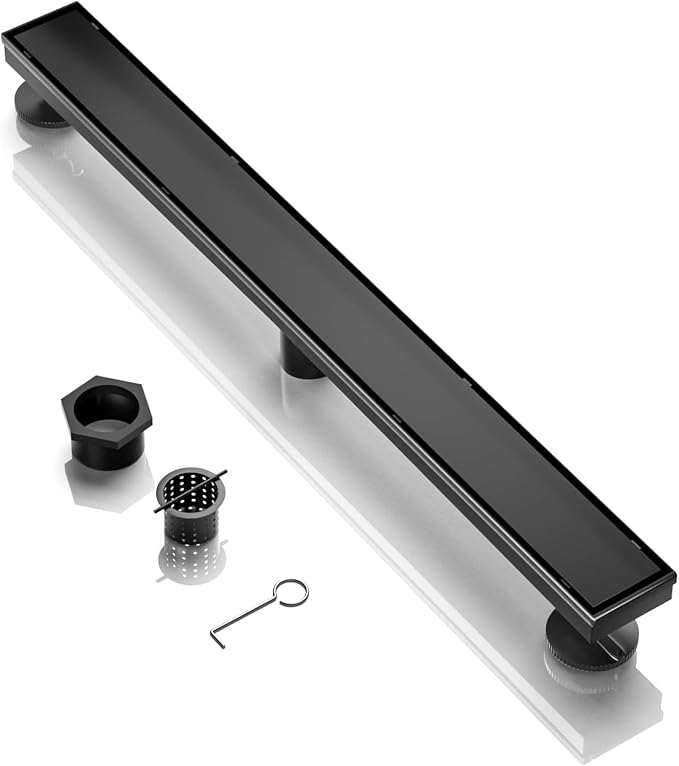 BARONAGE 48 Inch Linear Shower Drain, Rectangle Shower Floor Drain with 2-in-1 Flat & Tile Insert Cover, 304 Stainless Steel Bathroom Drains with Hair Catcher and Leveling Feet (Matte Black)