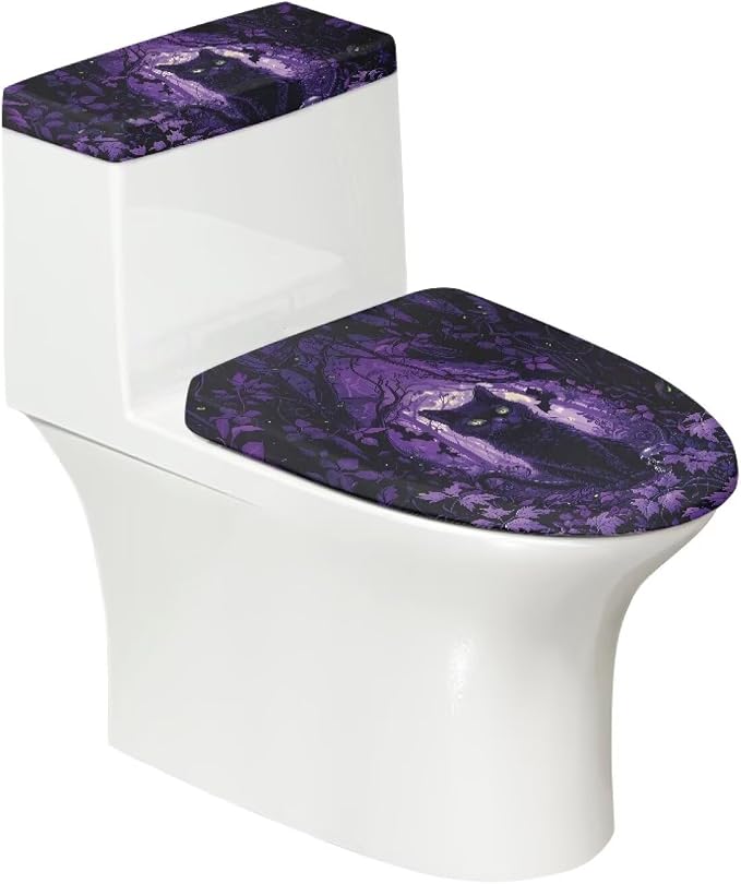 Black Cat Toilet Lid Covers for Bathroom Set Soft Toilet Seat Cover Set with Elastic Band Washable Elongated Halloween Decoration