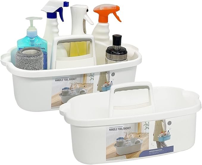 Goderewild 2 Pack Multi-Purpose Plastic Cleaning Caddy with Handle, Shower Caddy Organizer/Storage Basket/Totes Portable for Bathroom Supplies, Cleaning Products, Under Sink Tool, Housekeepers(White2)