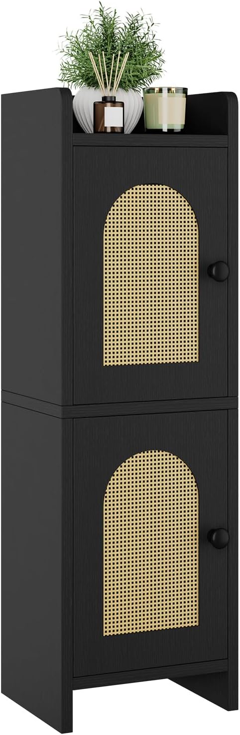 IBUYKE Small Bathroom Storage Cabinet with Rattan Door, Narrow Toilet Paper Storage Holder,Floor Cabinet with Adjustable Shelves, Space-Saving Organizer for Toiletries UWBS001B