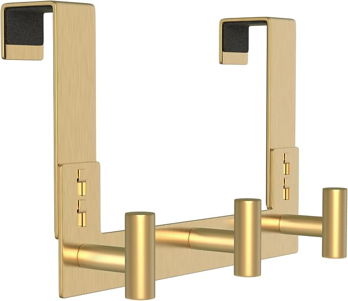 PMMASTO Over The Door Hooks, Fits 1-3/4" Thick Door No Drill Hooks for Closet Bathroom Bedroom Organization, Hanger for Coat Towel Robe (Gold, 3 T-Hooks)