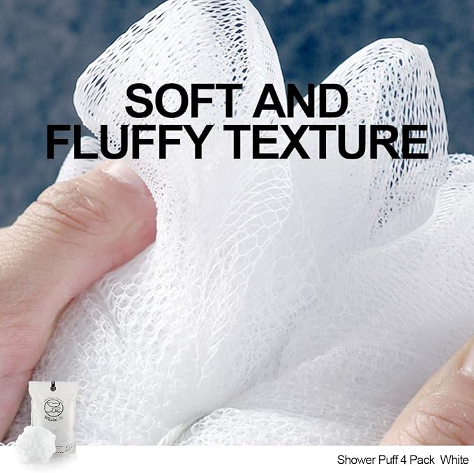 Loofah Sponge Bath Sponge for Women Men 4 Pack (White) | 10X Suds Save Body Wash Double Knotted Anti Tear Core Fast Dry Cotton Loop Stay Fresh Large Mesh for Sensitive Skin