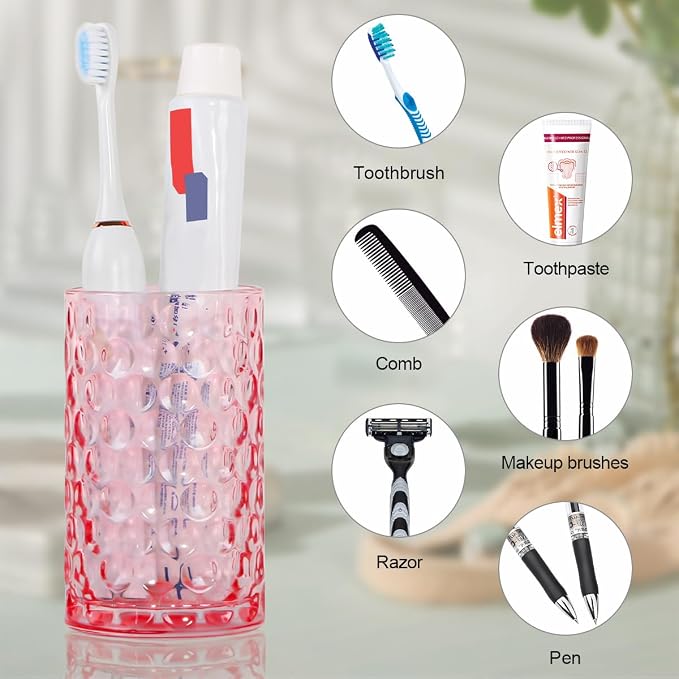 Glass Toothbrush Holder, Pink Bathroom Toothbrush and Toothpaste Holder Set, 11 oz Bathroom Tumbler Cup Set, Decorative Countertop Storage Cups Organizer for Toothpaste, Brushes