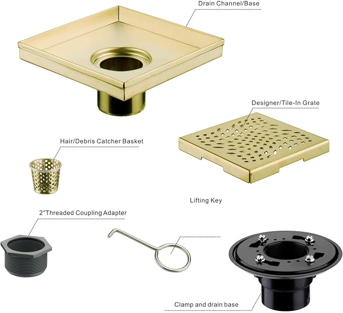 Gold Brushed Shower Drain with Flange, HIDROP SUS 304 Stainless Steel 6 inch Square Shower Floor Drain with Removable Hair Strainer