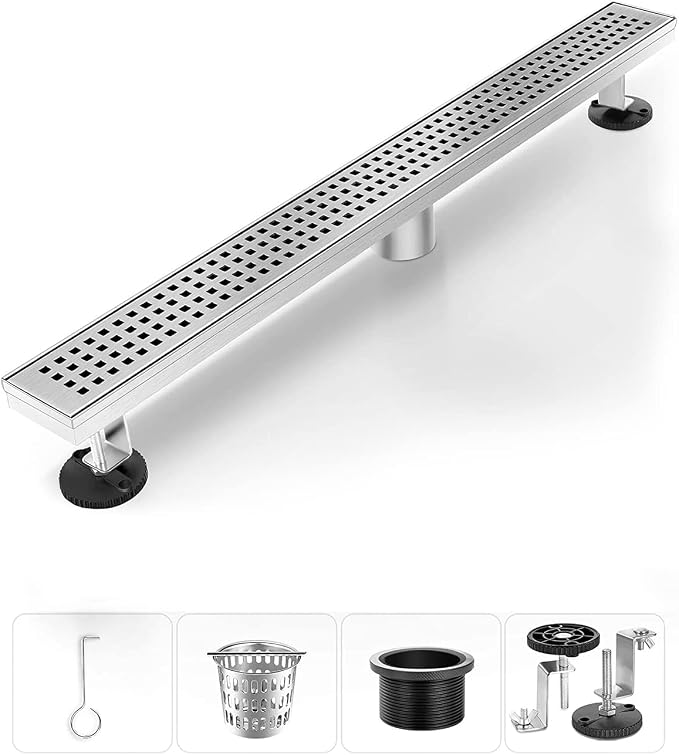 Linear Shower Drain, Shower Drain 28 Inch(Brushed Nickel), Modern 304 Stainless Steel Shower Floor Drain with Grate Removable, Adjustable Leveling Feet, Rectangular Shower Drains for Bathroom
