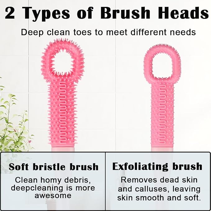 2 Pack Foot Brush in Shower, Extended Handle Foot Scrubber, Soft Rubber for Cleaning Dead Skin, Dense Foam Toe Cleaning with Hanging Storage,Scrub Brush for Senior, Pregnant, Men, Women(Pink)