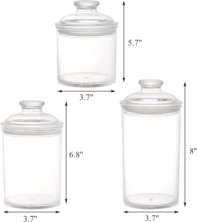 Lyellfe 3 Pack Acrylic Apothecary Jars, Vanity Canister with Airtight Lid | Bathroom Cotton Swab Holder, Clear Storage Jar for Candy, Bath Salt, Cotton Ball, 34 oz, 25 oz, 17 oz