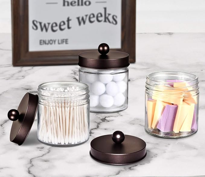 SheeChung Glass Mason Jar Qtip Holder, Bronze Stainless Steel Lids, 2 Pack | Clear Apothecary Jar Canisters Set,Bathroom Jar Dispenser,Vanity Storage Organizer for Cotton Swab,Ball,Floss,Farmhouse Decor