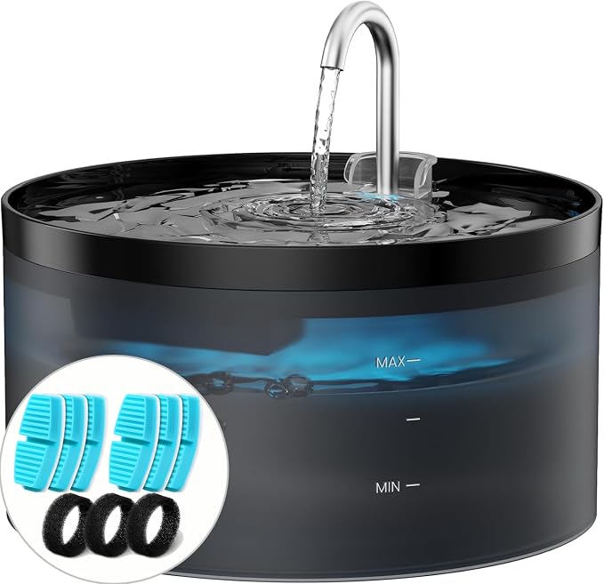 Black Cat Water Fountain: with 6 Carbon Filters + 3 Sponge Filters | 108oz/3.2L Pet Water Fountain Quiet Cat Water Fountains Indoor Faucet Cat Fountain for Cats and Dogs