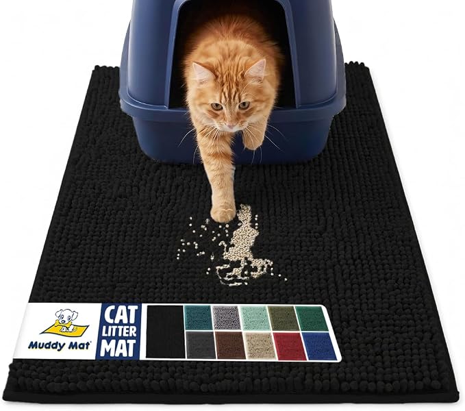 Muddy Mat® | Cat Litter Mat 24"x36", Litter Trapping Mat, Super Absorbent Scatter Control, Soft on Paws, Slip Resistant Washable Kitty Litter Mat, Traps Litter, Protects Floors, Black