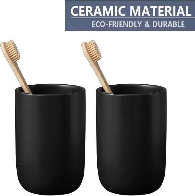 Matte Black Toothbrush Holders for Bathrooms - 1 Cups Ceramic Toothbrush Toothpaste Holders, Black Bathroom Tumbler Cup Reusable Toothbrush Cup Black Mouthwash Cup, Bathroom Counter Organizer