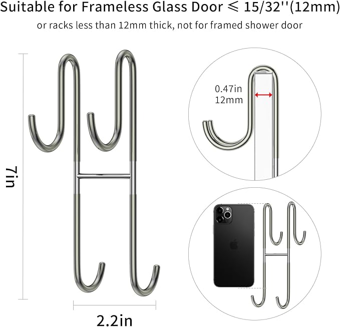 Over Shower Glass Door Hook, 2 Pack Silver 304 Stainless Steel Extended Shower Door Hooks, Bathroom Frameless Drilling-Free Hanger, Double Side Towel Hooks, for Bathing Suits, Robe, Loofah, Shaver