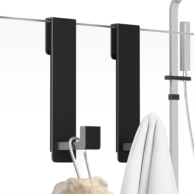 PMMASTO Shower Door Hooks, 7.5 Inch Extended Stainless Steel Heavy Duty Towel Hooks for Bathroom Frameless Glass Shower Door, L Shape Hooks for Hanger Robe, Towel, Black, 2 Pack