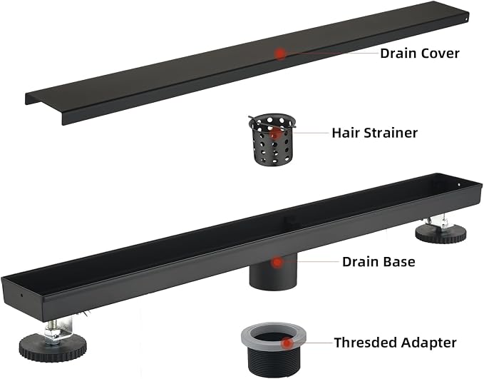 Linear Shower Drain with Tile Insert Panels, 24 Inch Black 304 Stainless Steel Rectangle Shower Floor Drain, with Hair Catcher, Adjustable Feet, Fits Bathroom, Balcony