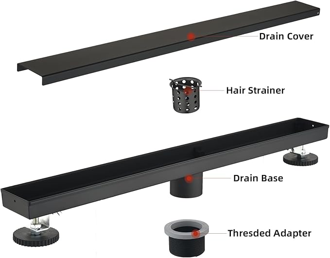 Linear Shower Drain ，with Tile Insert Panels ，36 Inch Black 304 Stainless Steel Rectangle Shower Floor Drain，with Hair Catcher, Adjustable Feet，Fits Bathroom, Balcony