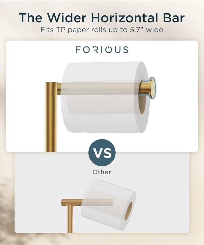 FORIOUS Toilet Paper Holder Stand with Storage for 4 Rolls, Brushed Gold | Modern Freestanding SUS 304 Stainless Steel Bathroom Tissue Roll Organizer with Heavy Anti-Slip Weighted Base