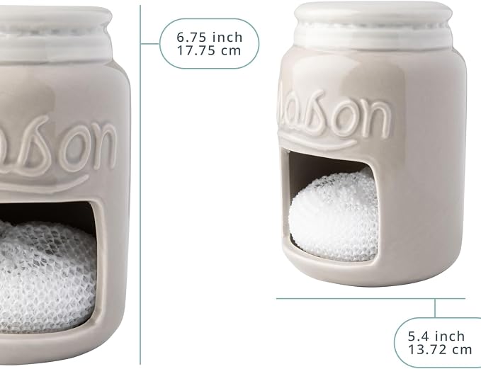 Comfify Grey Mason Jar Ceramic Sponge Holder – Farmhouse Sink Caddy | Grey; mason jar ceramic; 5"H x 3.75" diameter; includes nylon scrubby; embossed 'MASON'; decorative lid; farmhouse
