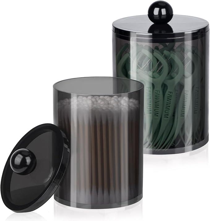 2 Pcs Acrylic Qtip Holder, Cotton Ball Holder Jars with Lids, Black | Apothecary Jars for Cotton Swabs, Balls, Pads and Floss Picks, Bathroom Vanity Organizer