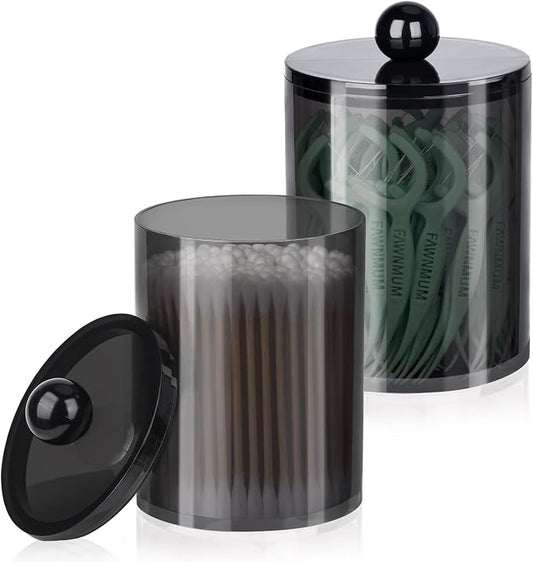 2 Pcs Acrylic Qtip Holder, Cotton Ball Holder Jars with Lids, Black | Apothecary Jars for Cotton Swabs, Balls, Pads and Floss Picks, Bathroom Vanity Organizer