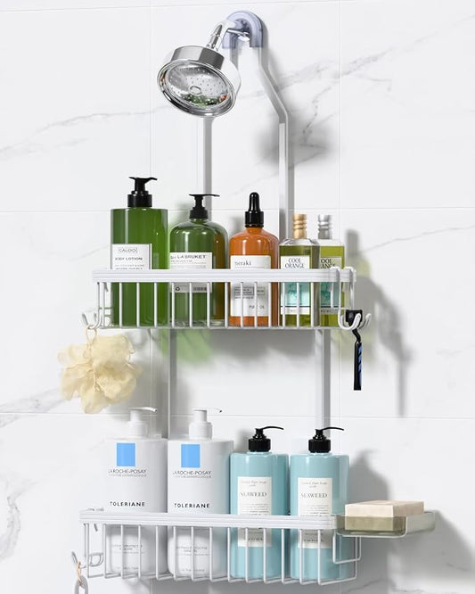 YASONIC Never Rust Shower Caddy Hanging, Aluminum Shower Racks for Inside Shower, 2-Tier Shower Organizer Hanging Over Shower Head with Hooks and Soap Holder, White