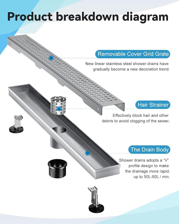 Shower Drain, Linear Shower Drain 72 Inch(Brushed Nickel),Modern 304 Stainless Steel Shower Floor Drain with Grate Removable, Adjustable Leveling Feet