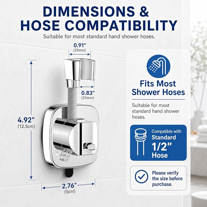 Chrome Suction Shower Head Holder, No Drill Handheld Shower Wand Bracket with Adjustable Angle Removable Vacuum Holder for Smooth Tile Glass Marble Metal Fits Standard 1/2" Hoses