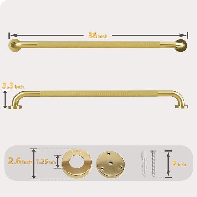 Shower Grab Bar, 36 Inch Bathroom Grab Bar Handle with Anti-Slip Knurled Grip, Stainless Steel Bath Balance Bar, 1.25" Diameter Bath Safety Bar Support for Seniors Elderly Pregnant, Brushed Gold