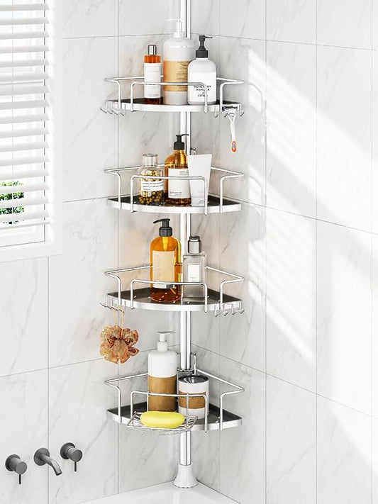 ALLZONE Corner Shower Caddy Tension Pole, 4 Hang-On Basket with Mixed-Height Shelves for Various Bottle Sizes, Extra Hooks & Soap Holder, Rustproof Stainless Steel, Fits 34–116 Inch, Silver/Dark Gray