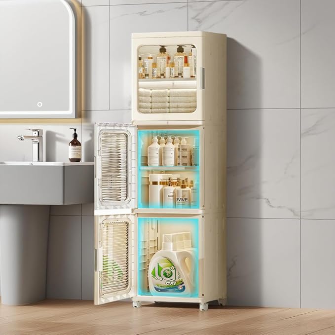 3-Tier Narrow Bathroom Storage Cabinet with Clear Doors and Adjustable Shelves, Plastic Slim Bathroom Organizers and Storage Small Spaces Pantry Kitchen Laundry Room Quick Assembly, Beige