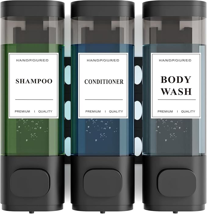 Shampoo and Conditioner Dispenser – Wall-Mounted Shower Soap Dispenser, No-Drill Installation, Lockable, 900 ml Capacity,for Bathroom & Hotel or Airbnb (Black, 3-Pack)