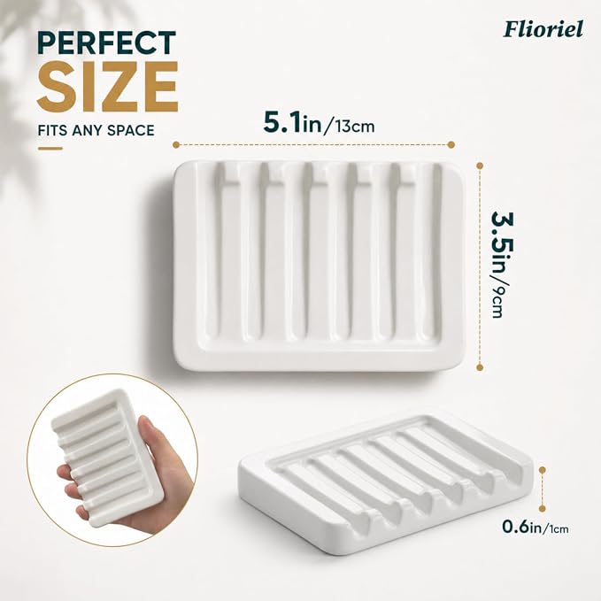 Ceramic Soap Dish Self Draining Soap Holder Bathroom Sink | White Porcelain Soap Tray Self Draining Keeps Soap Dry Anti Slip Silicone Pads Easy Clean Modern Minimalist Bathroom Shower