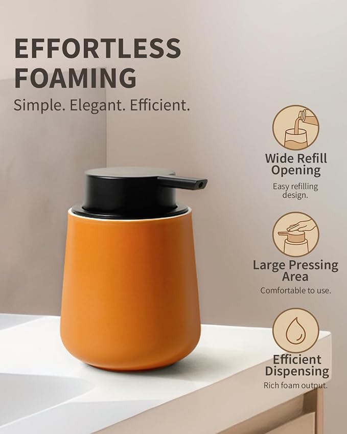 BosilunLife Ceramic Bathroom Accessories Set 3 Pcs | Foaming Soap Dispenser and Toothbrush Holder with Tray, Modern Farmhouse Vanity Decor, Orange Housewarming Gift