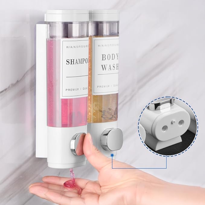 Shampoo and Conditioner Dispenser Bathroom Shower Soap Dispenser Wall Mounted Shampoo Dispenser for Shower Wall No Drill 2 * 300ml White 2 Chamber with Waterproof Labels Self