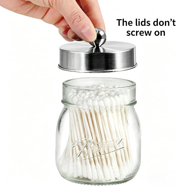 SheeChung 4 Pack Apothecary Jars with Lids, Bathroom Organizers and Storage, Qtip Holders Set, Bathroom Decor, Small Mason Jars for Q-tips, Cottons, Floss, Balls, Cotton Swabs-Brushed Nickel