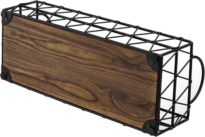 MyGift 16 Inch Deluxe Black Metal Toilet Tank Tray with Geometric Wire Design and Burnt Wood Base, Bathroom Vanity Toiletry Storage Organizer Tray with Handles