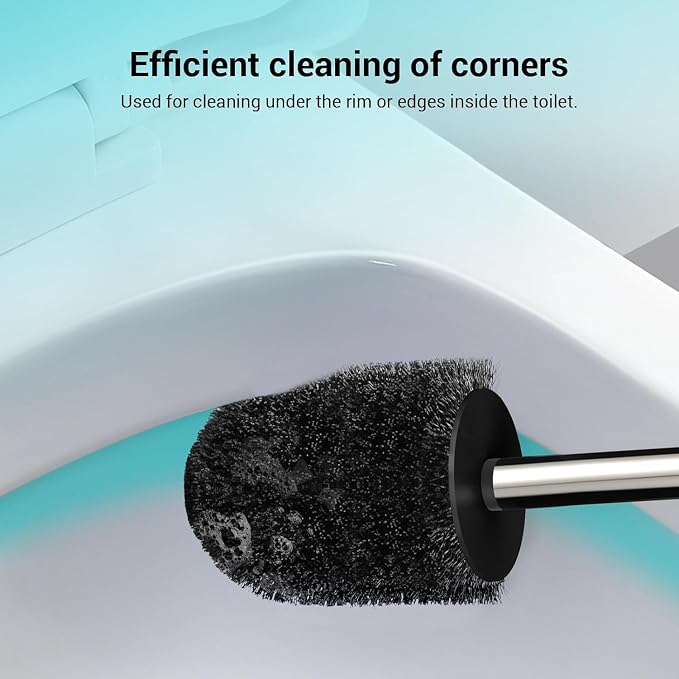Compact Size Toilet Brush & Holder, 2 Pack, Stainless Steel Handle, Space Saving for Storage, Drip-Proof, Easy to Assemble, Black
