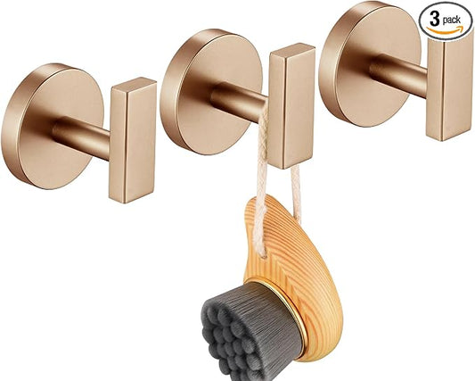 Bath Towel Hooks Wall Mount Robe Hook Stainless Steel Wall Hooks for Bathroom Kitchen Garage Door Hanger Champagne Bronze 3 Pack, AN1001CPG-P3