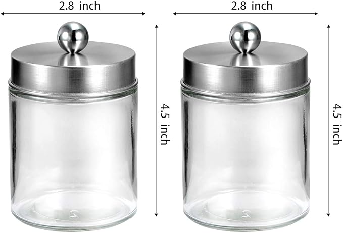 Amolliar Apothecary Jars Bathroom Vanity Organizer -Countertop Canister Jar with Storage Lid - Qtip Dispenser Holder Glass for Qtips,Cotton Swabs,Makeup Sponges,Hair Band - Brushed Nickel (2 Pack)
