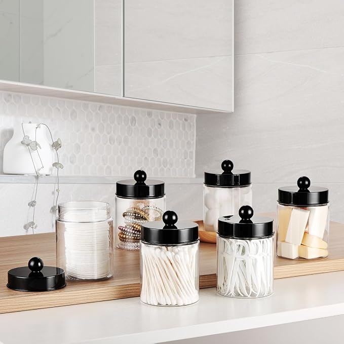 Amolliar Acrylic Apothecary Jar Bathroom Qtip Holder Black 4 Pack | for Bathroom Storage Vanity , Countertop, Farmhouse Style, Holds Cotton Swabs, Dental Floss, Makeup Sponges,Home Decor