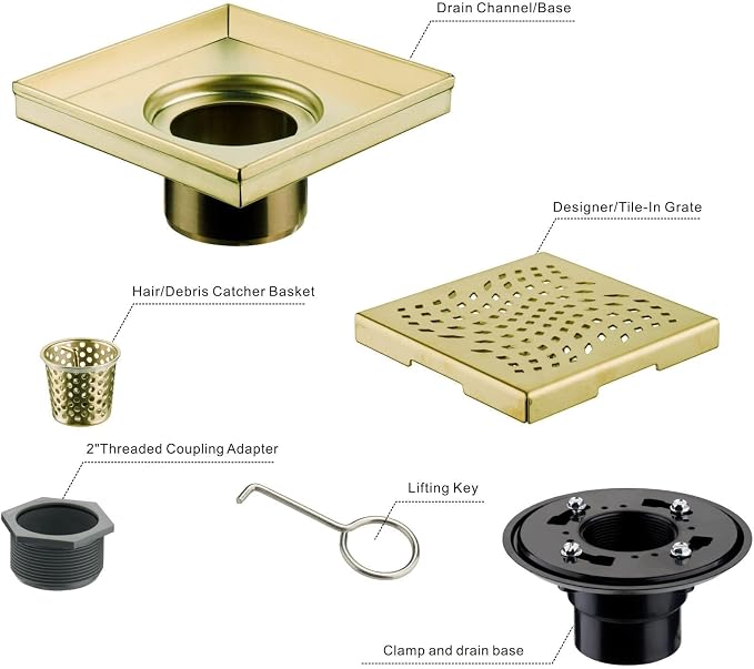 Brushed Gold Square Shower Drain with Flange 4x4, HIDROP 4 inch SUS 304 Stainless Steel Brass Gold Shower Floor Drain with Removable Hair Strainer