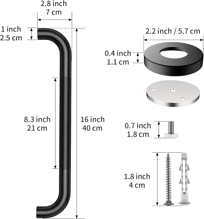 2 Pack Shower Grab Bar 16 Inch, ZUXET Matte Black Handicap Grab Bar w/Knurled Grip, 304 Stainless Steel Bathroom Handrail for Toilet, Shower, Bathtub, Wall Mounted Anti-Slip Support Bar for Seniors