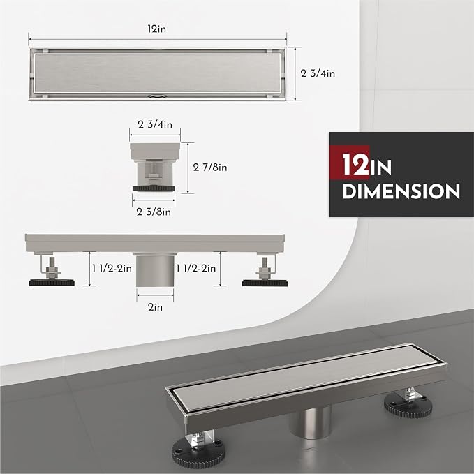 WEBANG 12 Inch Linear Shower Drain Rectangular Floor Drain with Accessories Reversible 2-in-1 Cover Tile Insert Grate Removable SUS304 Stainless Steel CUPC Certified Brushed Nickel