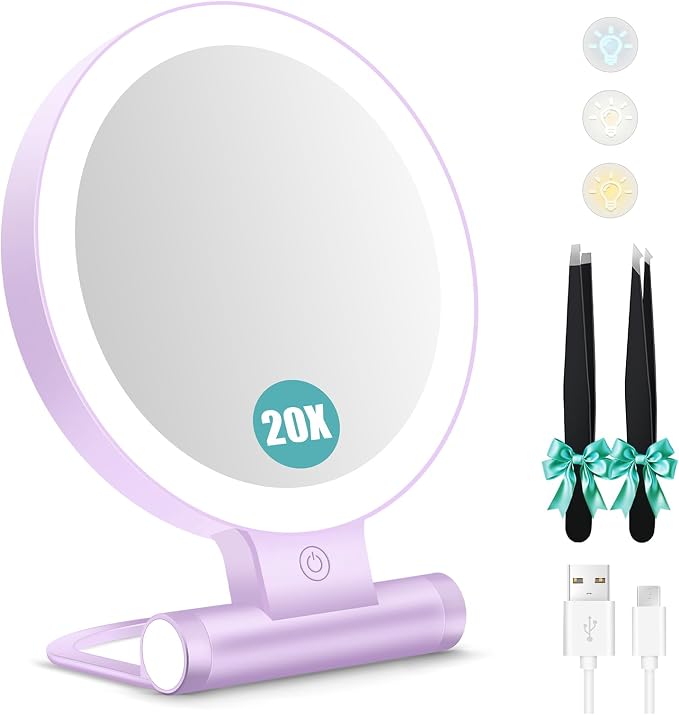 B Beauty Planet Magnifying Mirror with Light 30X, Double-Sided 1X/30X Magnifying Makeup Mirror with Tweezer, 2000mAh 3 Colour Modes with Adjustable Brightness,Foldable Travel Mirror(Purple)